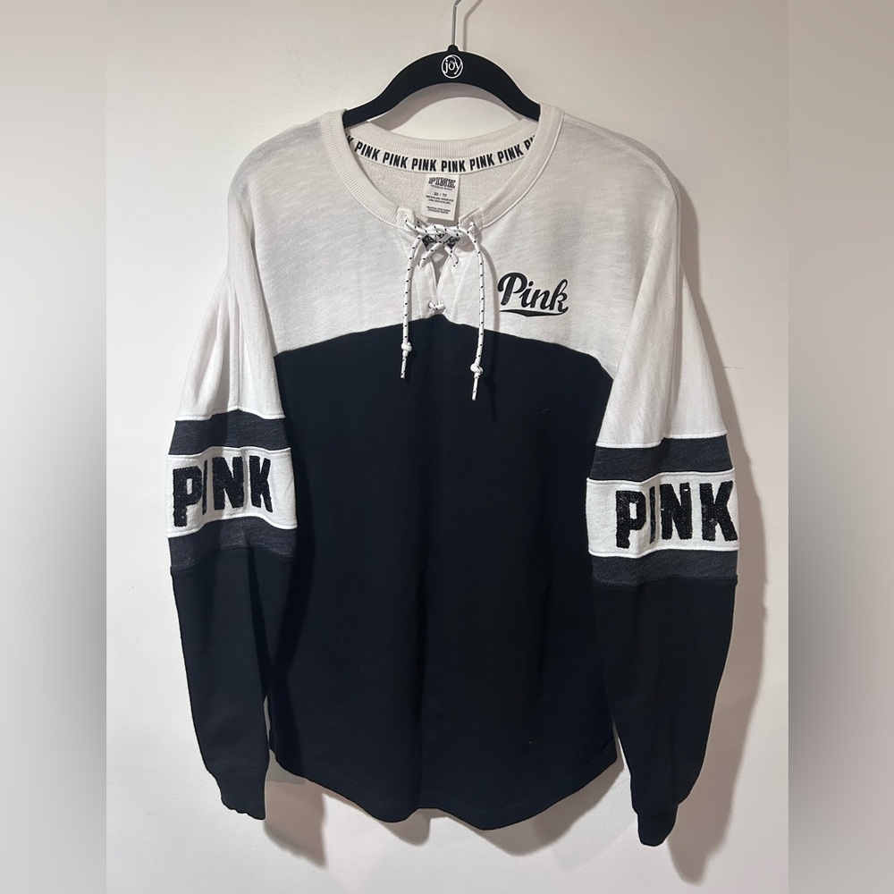 PINK Victoria's Secret Black and White Lace-Up Top
